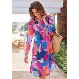 Soft Surroundings Jubilant Abstract Pleated Tunic Dress XS Pink Blue Resortwear